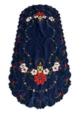 Christmas Blue Table Runner Poinsettia Candle Satin Stitch Embroidery 15x37 SEE
