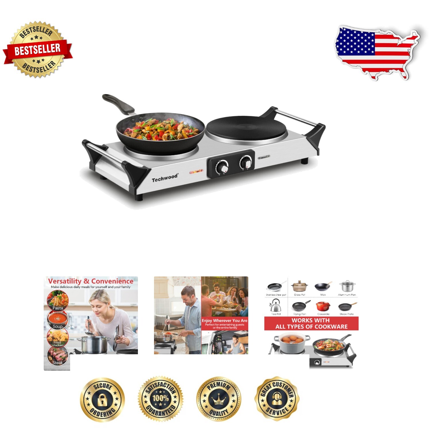 1800W Portable Stainless Steel Double Burner Electric Hot Plate for All Cookware