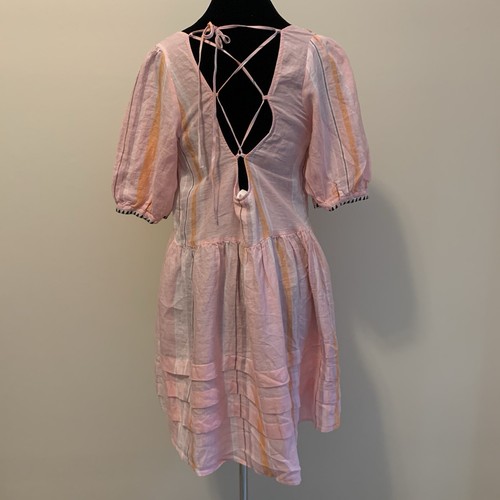 Lemlem By Liya Kebede & H&M 100% Linen Dress Pink Striped Lace Up Medium Boho - Picture 6 of 12