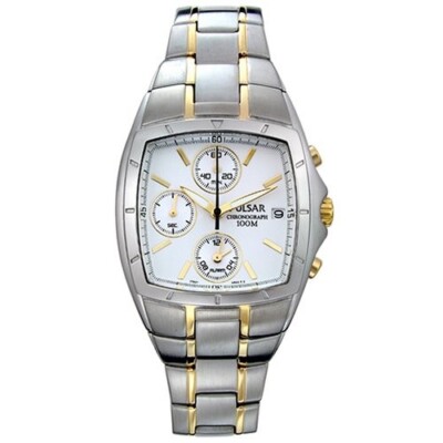 Pulsar Men's PF3272 Alarm Chronograph Watch Two Tone White Dial