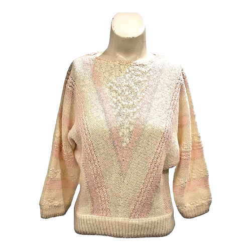Vintage 80s Sweater S Baby Pink Stripe MARGULES Cottage Core Nubby Raglan Sleeve