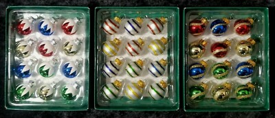  Mini Glass Rd Ornaments 25mm with Snow ,Stripes or Gold Swirl Designs/12 pcs bx