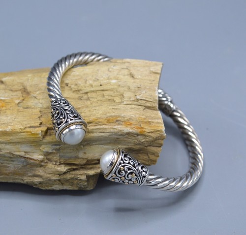 18K Gold 925 Sterling Ornate Bali Style Hinged Cuff Bracelet w/ Pearl 27 gr - 第 1/9 張圖片