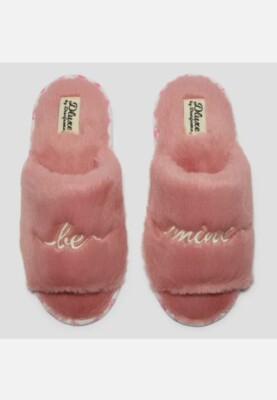 Women's Dluxe By Dearfoams Pink Be Mine Fur Slide Slippers Size L 9-10 NEW 