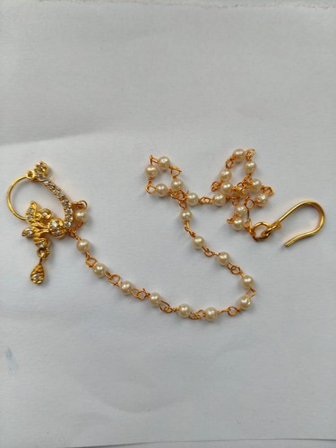 Marathi Nose Ring Indian Piercing Nath Fashion Jewelry Gold Plated With Chain - Picture 5 of 10