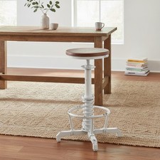 Image of Vintage Industrial Adjustable Bar Stool 24-28in Wooden Seat Steel Frame White