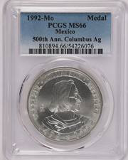 1992-Mo México 50 Aniversario Colón Medalla de Plata Ag PCGS MS66