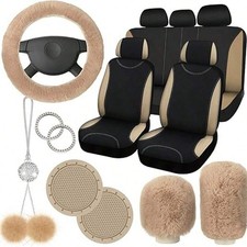 17-piece Rose Redblack Car Seat Cover Set Fluffy Steering Wheel Accessory