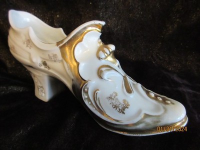 Vintage White Porcelain SHOE PLANTER Gold Gilt 9'' Long / 4'' High Made in Germany