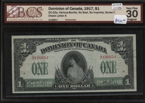 1917 Dominion of Canada One Dollar Banknote - DC-23a - BCS Graded VF30