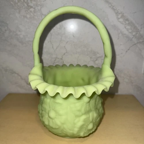 Antique Fenton lime custard ruffled poppy basket. Remarkable old glass art.