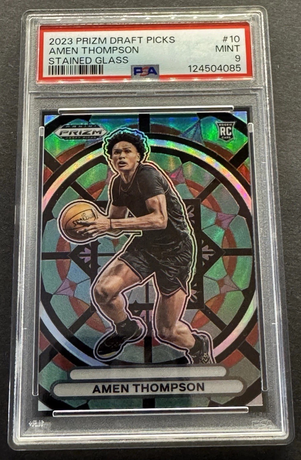 2023-24 Amen Thompson Prizm Draft Picks Stained Glass RC Rockets PSA 9