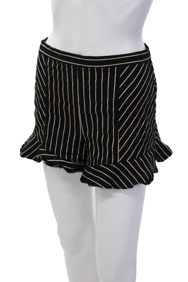 Intermix Women's Hook Closure Ruffle Flat Front Shorts Black Striped Size 4 - Image 2 of 4
