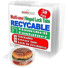 Durameg Clamshell Containers 5" Square Clear Hinged [50 Pack] Take-Out Plasti...