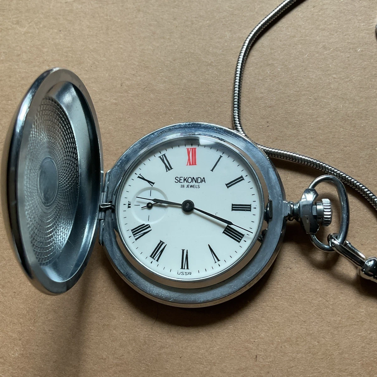 Reloj Bolsillo Sekonda URSS Full Hunter 18 Joyas con Cadena Funciona Bien