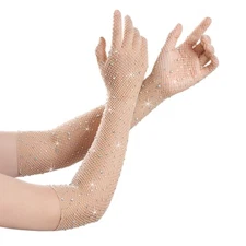 Rhinestone Fishnet Gloves Glitter Sparkle Long Mesh Arm Sleeves for Party