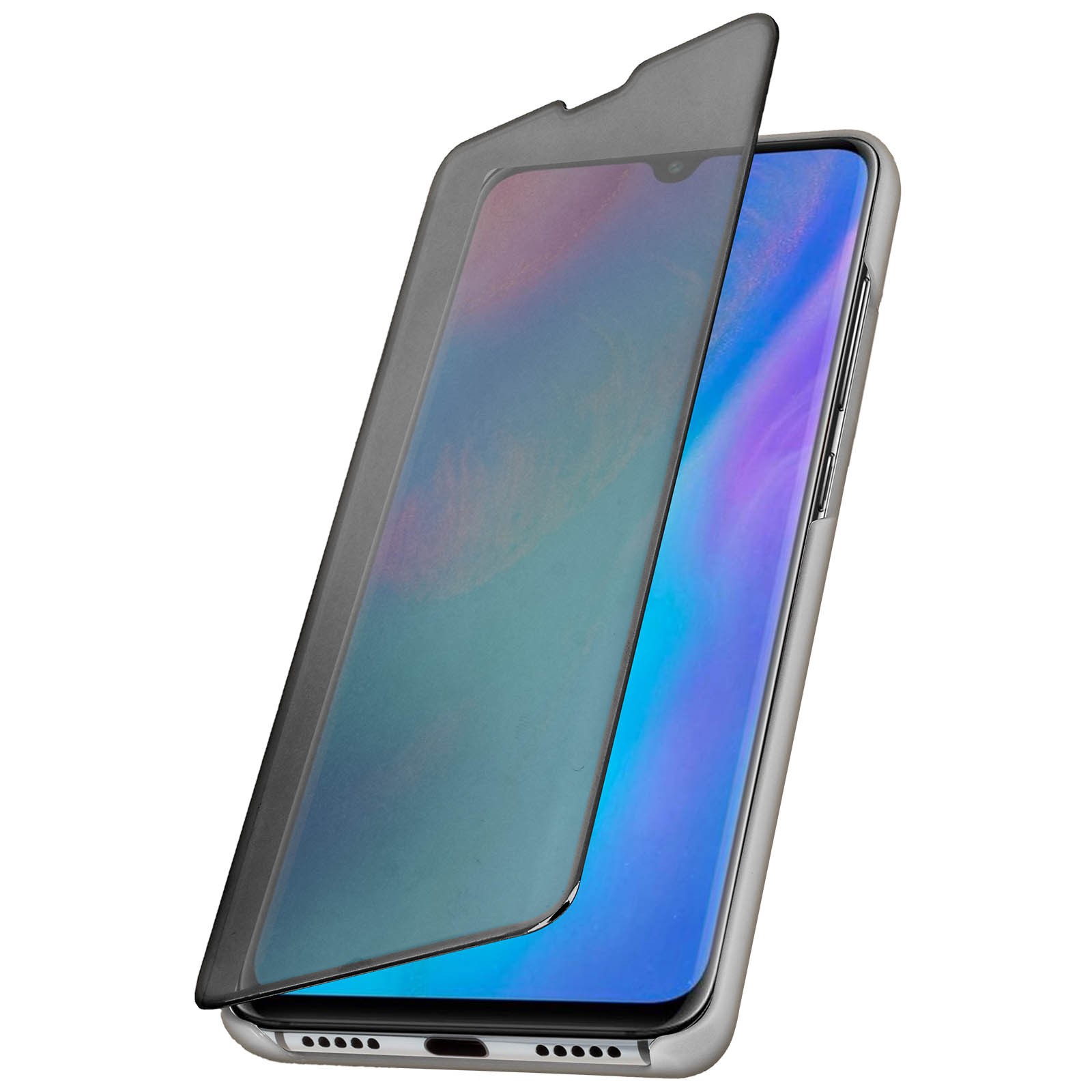 Étui miroir Huawei P30 Pro argent avec support pour regarder des vidéos