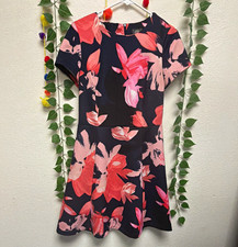 Vince Camuto Women's A-Line Dress 10 Navy/Pink/Coral Floral Round Neck Zip