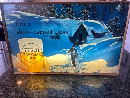 Vintage 1950's Busch Bavarian Beer Mountains Snow 20" Lighted Metal Sign WORKS