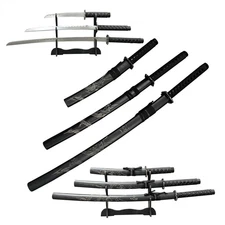 3-Piece Japanese Samurai Katana Sword Set w/ Stand –Black Dragon Scabbard /steel