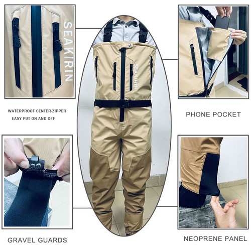Stockingfoot Chest Waders with Front Zipper Waterproof Breathable Split Pocket - Picture 12 of 13