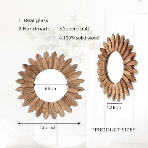 Pack Boho Wall Decor Sunburst Mirror 1inch Rustic Round Wood Mirror Boho 2 - Picture 7 of 7