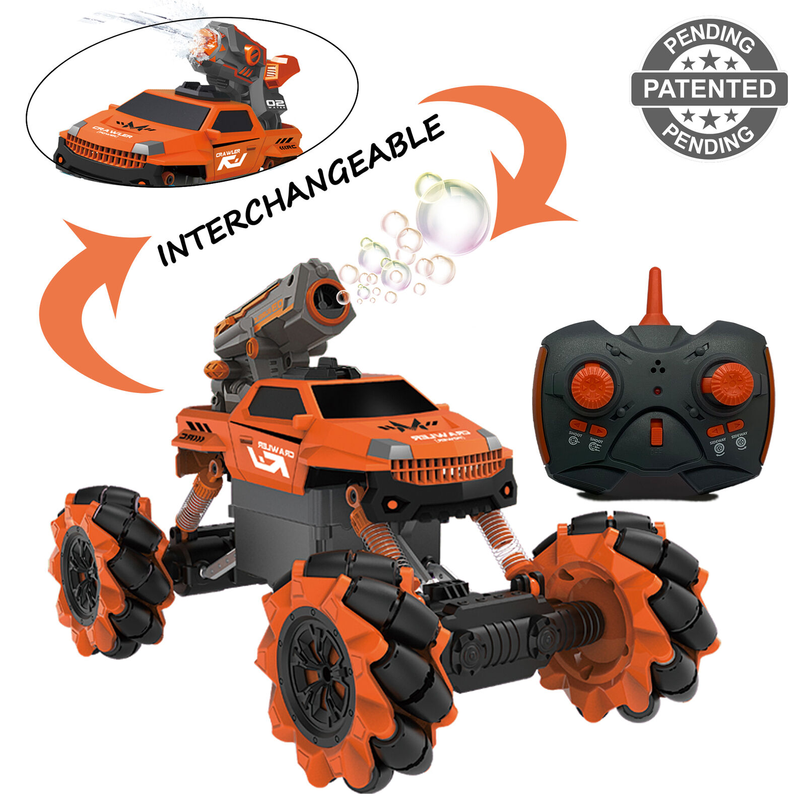  Vaiyer RC Rechargeable, Remote Control Stunt Car for Kids w/  2-in-1 Interchangeable Toy Bubble Blaster and Water Gun Tops, Rock Crawler  Off Road Vehicle w/ 360 Degree Movement (Orange) : Toys