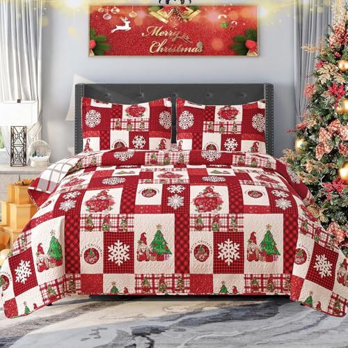 Christmas Quilt Set Size 3Piece Xmas Bedspread King Red White Green eBay