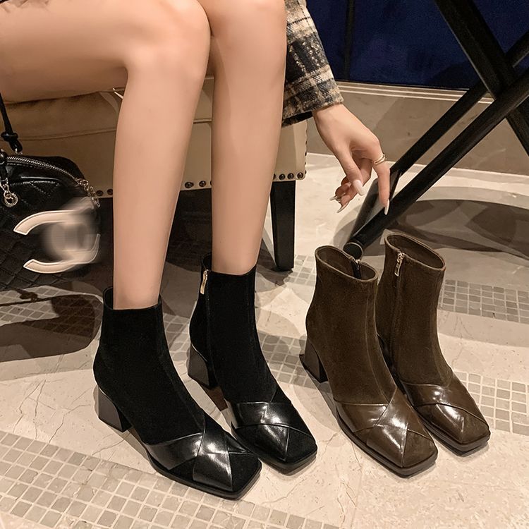 【AAKE】SQUARE TOE MIDDLE BOOTS Womens Chic Suede Leather Two Tone Square Toe Block Heel