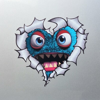 Cute Funny Blue Monster Heart Ripped Metal Vinyl Sticker Decal ...