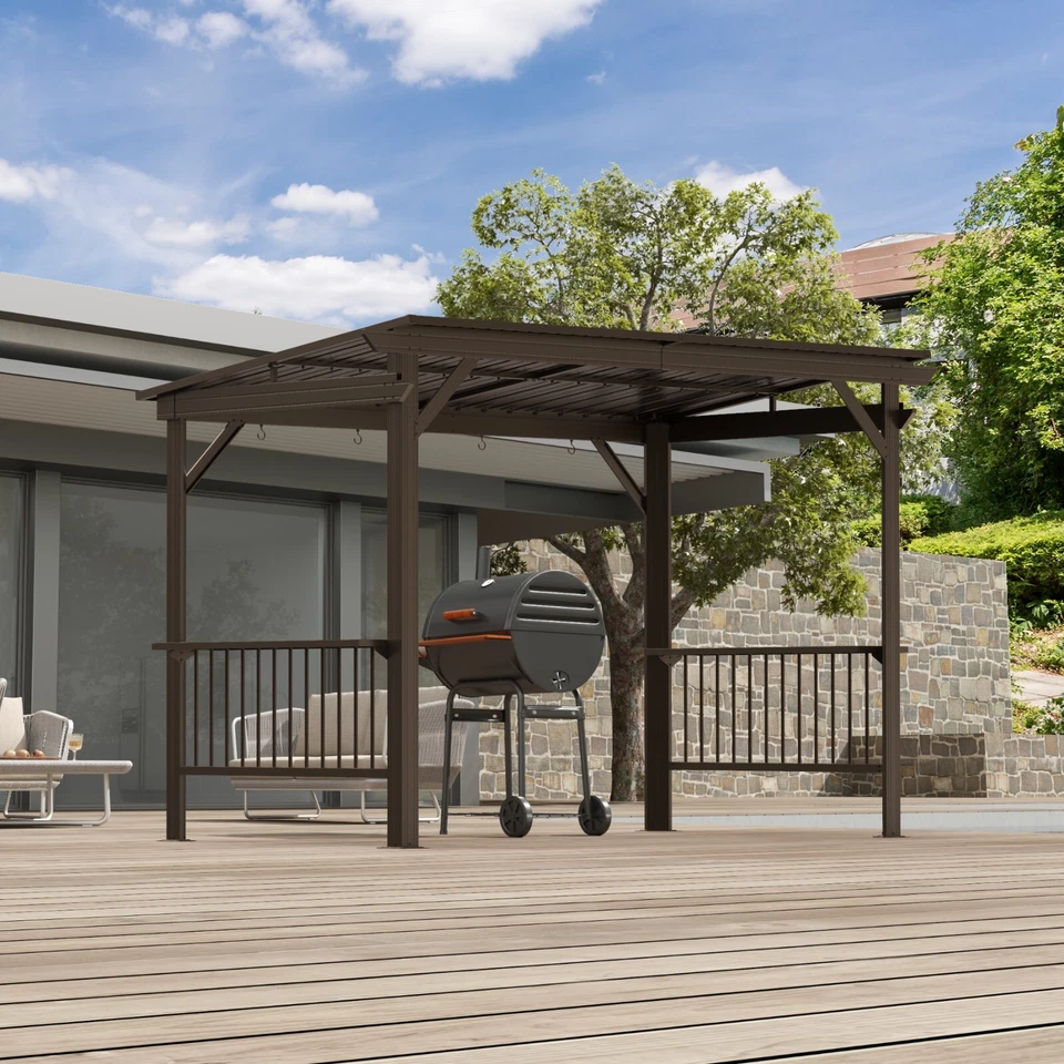 DOMI OUTDOOR LIVING Domi Outdoor 6.5x12FT Hardtop Grill Gazebo w/2 Side Shelves &Ceiling Hook,Brown