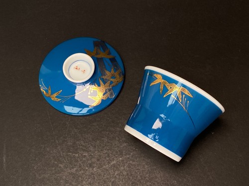 Japan Chawanmushi Bowl Mino Ware Savory Steamed Egg Custard Bule & Gold bamboo - Picture 6 of 9