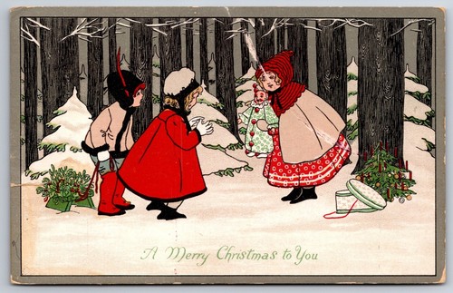Ebner Weihnachten ~ Mädchen im Wald mit Baum & Geschenken für Kinder ~ Clown Puppe ~ 1912