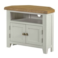 Ideal Furniture Wexford Corner Tv/hifi Unit / Grey Painted With Solid Oak Top Ideal Furniture Wexford Corner Tv/hifi Unit / Grey Painted With Solid Oak Top