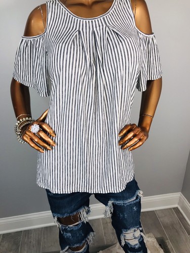 Max Studio M Top NWT $68 Stretch Soft Blouse Striped Cold Shoulder Slv Easy Wear - Picture 3 of 8