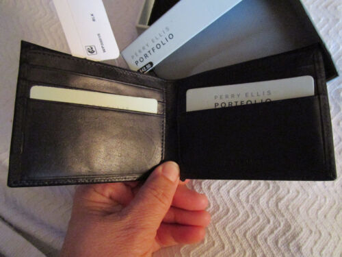 NEW $42 MENS PERRY ELLIS SLIM BIFOLD WALLET / BILLFOLD - LEATHER - BLACK - Picture 2 of 2