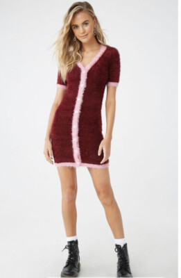 Brand New Forever 21 Fuzzy Sweater Dress Size Small Burgundy/ Pink | eBay