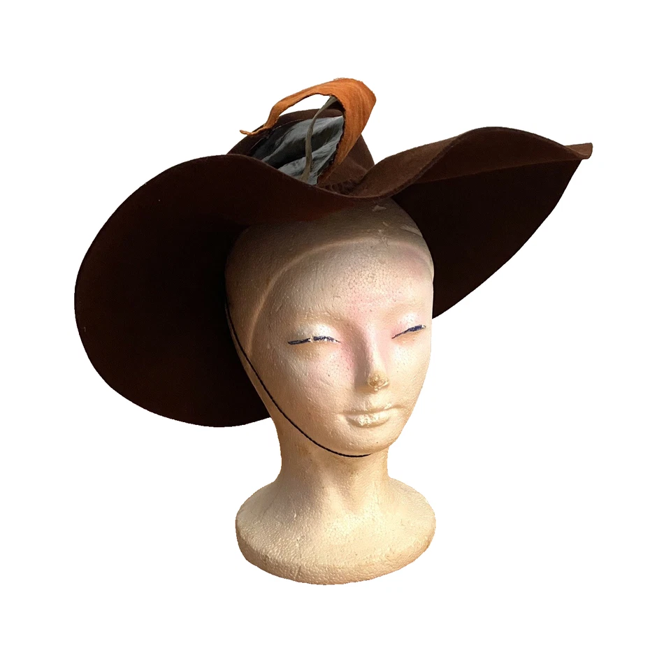 Vintage 1940s Hat Womens XS Brown Wide Brim Halo Felted Wool Art Deco Film Noir - Image 2 of 4