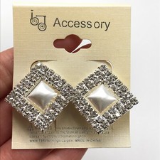 Clear Rhinestone Sparkly Encrusted Faux Pearl Fashion Clip On Earrings