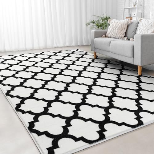 Shag Moroccan Area Rug for Living Room Modern Geometric 4x6 Feet White/Black - Bild 1 von 6