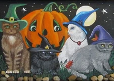 5x7 PRINT OF PAINTING RYTA HALLOWEEN VINTAGE STYLE BLACK CAT witch Folk Art 🍁