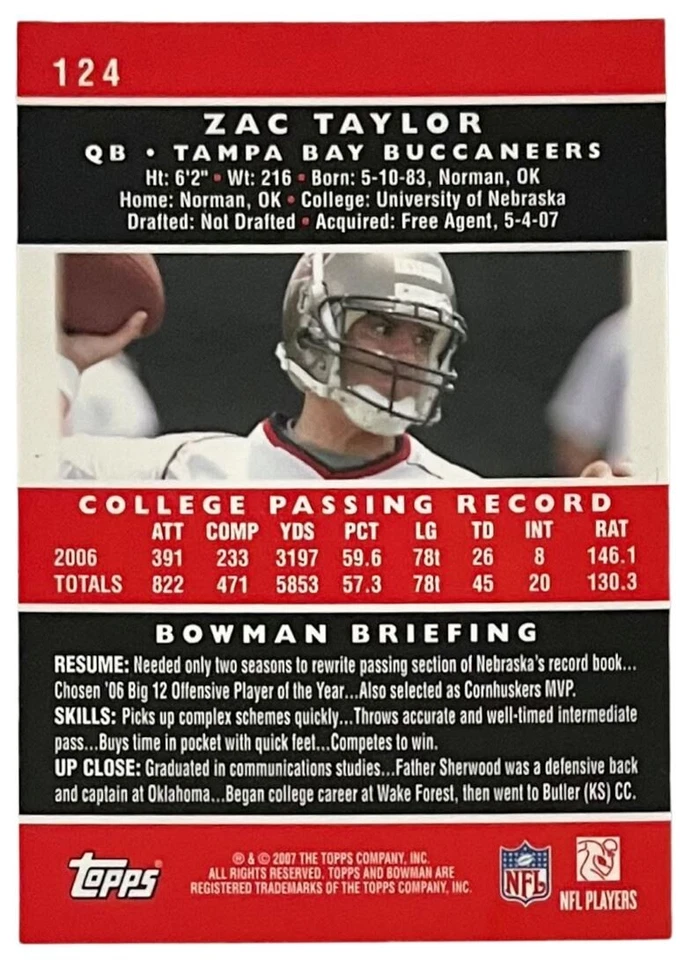 2007 Bowman Gold #124 Zac Taylor RC Tampa Bay Buccaneers - Image 2 of 2