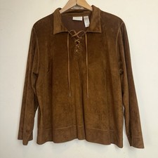 De Colección Liz Claiborne Mujer 2X Camisa Con Cordones Manga Larga Cuello Imitación Gamuza Marrón