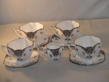 Shelley Queen Anne 11575 Black Leafy Tree 4 x Coffee Cups & Saucers & Milk Jug