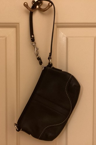 Coach Black Leather Wristlet Purse with Strap | Silver Tone Hardware 7”x5” - Picture 8 of 10