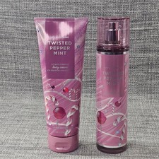 Set of 2 Bath  Body Works Twisted Peppermint 8oz Body Cream  8fl oz Body Mist