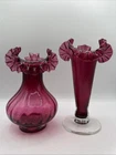 VTG Cranberry Crimped Ruffled Optic Mellon Vase (Fenton?) & Ruffled Swirl Vase