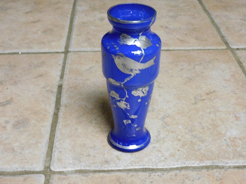 VTG CZECH BLUE GLASS BIRD FLOWERS STERLING OVERLAY BUD VASE