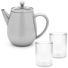 Teekanne 0.5 L Edelstahl doppelwandig silber Kanne Glasdeckel & 2 Glas-Teebecher