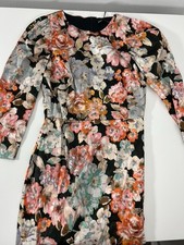 Zara Floral Mini Dress Structured Long Sleeve Black Multicolor Pleated Small NWT